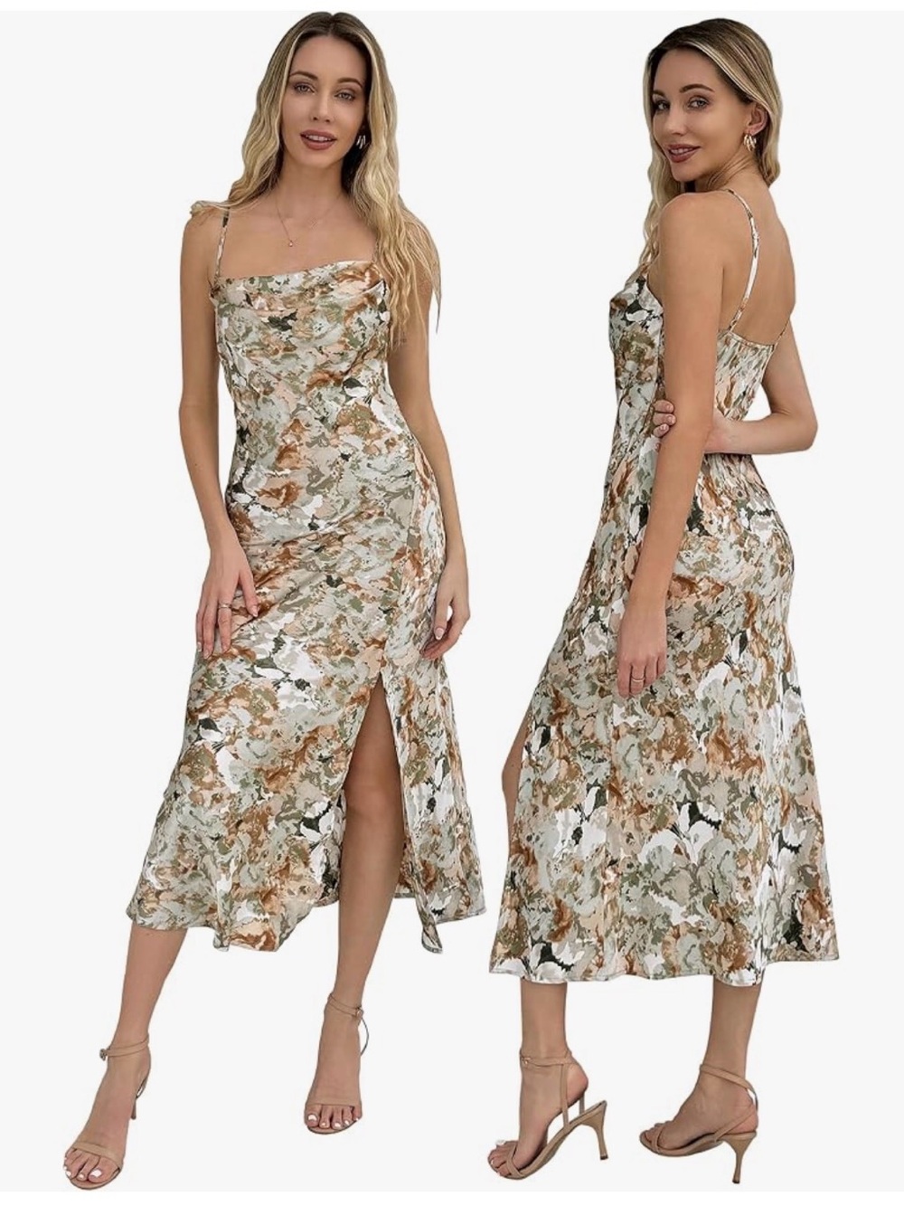 Floral Cowl Neck Midi Dress in Olive & Tan